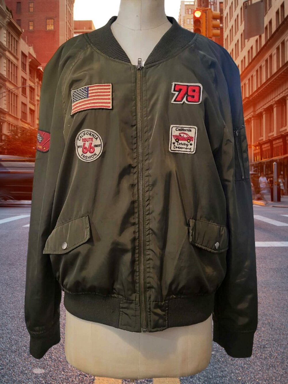Bomber Jacket with Patches - by Ashley Outerwear- Sze UNISEX Women XL / Men L